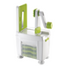 Götze Premium Vegetable Spiralizer with white and green design, hand crank, slicing blade, interchangeable grater attachments, and built-in storage compartment.