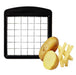 Götze Premium Stainless Steel Food Chopper with a fresh potato and evenly cut French fry strips on a white background.