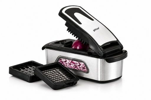 Götze Premium Stainless Steel Food chopper with interchangeable dicing blades and storage container, shown chopping red onion into even pieces.