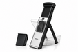 Götze SafeSlice Pro mandoline slicer with adjustable stand, safety food holder, clear collection container, and black protective cover on a white background.