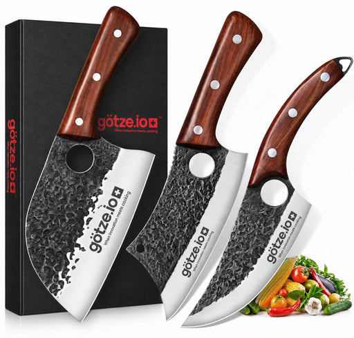 Götze 3-piece hammered stainless steel kitchen knife set with wooden handles and black gift box packaging.
