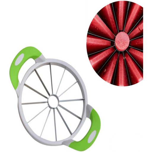 Götze watermelon slicer with green handles and stainless steel blades designed to cut a watermelon into 12 even wedges.