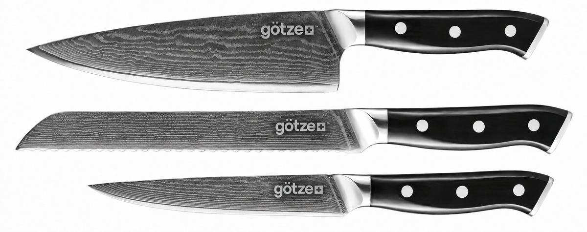 Götze 3-piece Damascus knife set: chef's knife, bread knife and utility knife with black three-rivet handles and the Götze logo on the blades