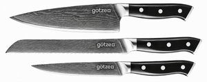 Götze 3-piece Damascus knife set: chef's knife, bread knife and utility knife with black three-rivet handles and the Götze logo on the blades