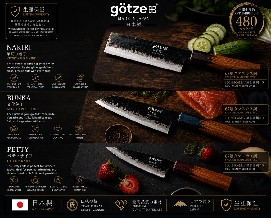 Götze Japanese Signature Collection – 3-Piece Handcrafted 67-Layer Damascus Steel Knife Set | Only 480 Sets Crafted Per Year