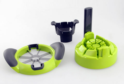 Götze green and black 2-in-1 food divider set with stainless steel apple slicing blades, cutting base, and interchangeable attachment on a white background.