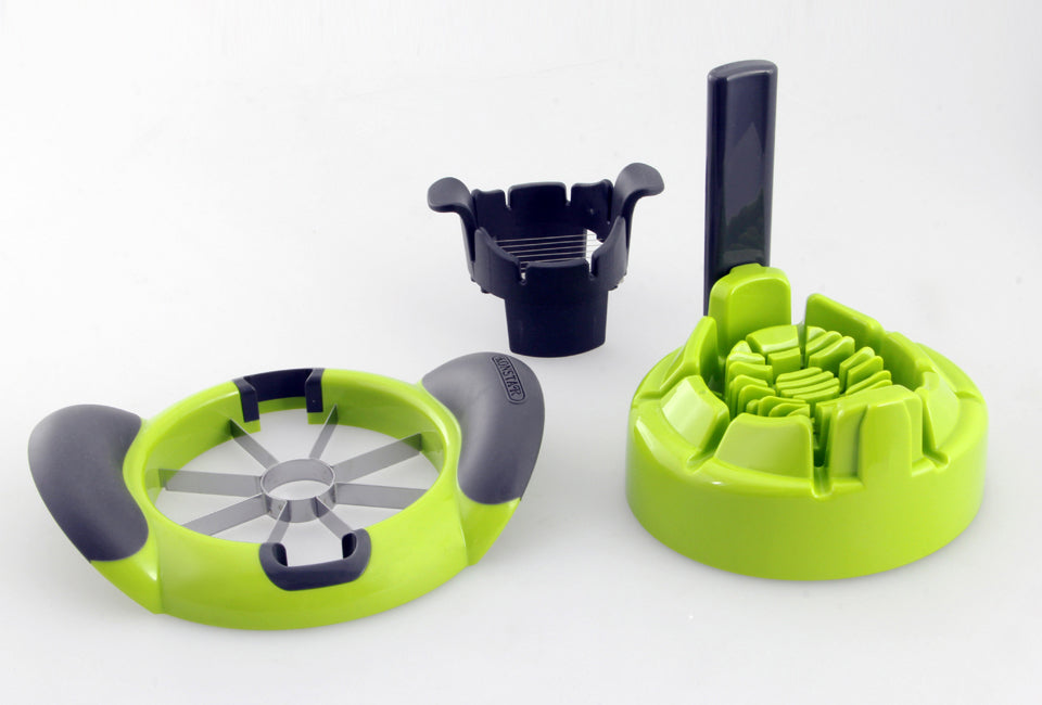 Götze 2-in-1 Food Divider with stainless steel apple slicing blades, cutting base, and interchangeable attachment on a white background.