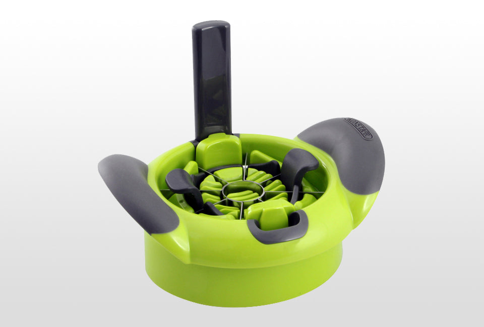 Götze 2-in-1 Food Divider  with stainless steel apple slicing blades and integrated cutting base on a white background.