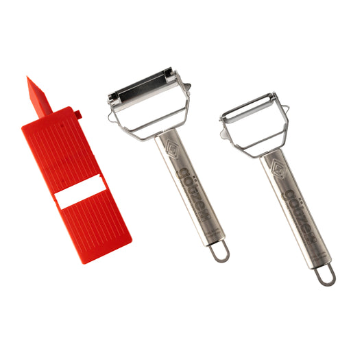 Götze 3-piece kitchen peeler set featuring two stainless steel peelers and a red handheld slicer on a white background.