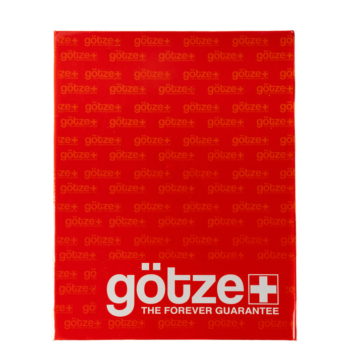 Red Götze Forever Guarantee card featuring repeated Götze branding and the white Götze logo on the front.