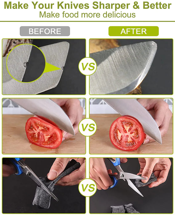  Götze 4-in-1 Knife & Scissors Sharpener Before-and-after comparison showing a dull knife and scissors becoming sharper after using the Götze 4-in-1 knife and scissors sharpener.