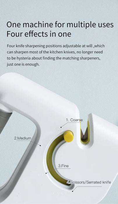 Götze 4-in-1 Knife & Scissors Sharpener with four adjustable sharpening stages for coarse, medium, fine, and scissors or serrated knives.