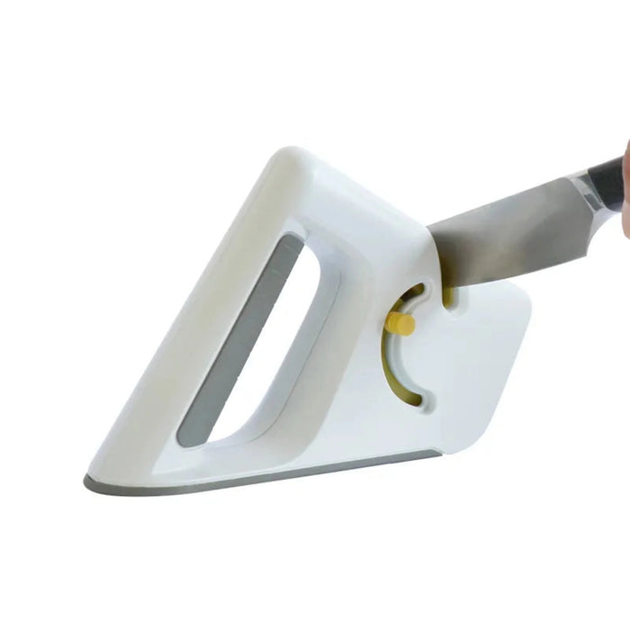 Götze 4-in-1 Knife & Scissors Sharpener with white ergonomic body, non-slip base, and adjustable sharpening angle guide shown with a kitchen knife.