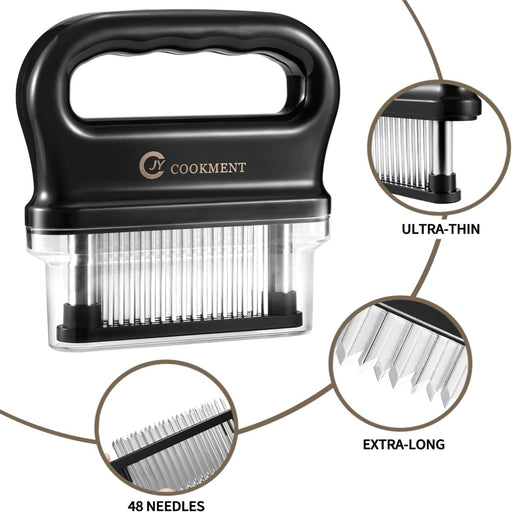 Black meat tenderizer tool with 48 ultra-thin, extra-long stainless steel needle blades and an ergonomic handle for tenderizing meat.