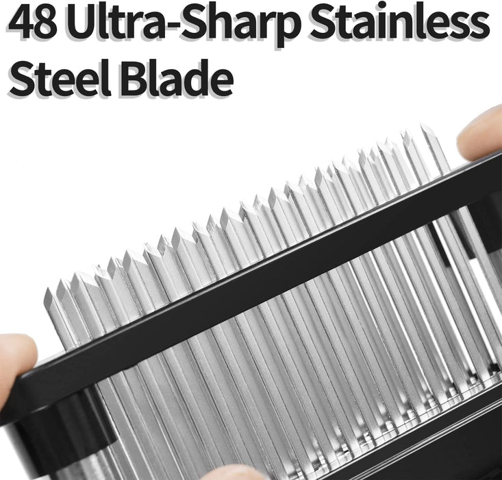 Close-up of a 48-blade stainless steel meat tenderizer showing ultra-sharp pointed needles designed to pierce and tenderize meat evenly.