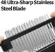 Close-up of a 48-blade stainless steel meat tenderizer showing ultra-sharp pointed needles designed to pierce and tenderize meat evenly.