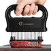 Black 48-blade stainless steel meat tenderizer being pressed into raw meat to pierce and tenderize it evenly.