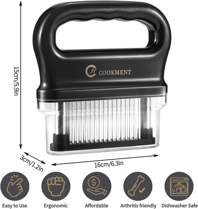 Black 48-blade meat tenderizer measuring 15 cm high, 16 cm wide, and 3 cm deep, with ergonomic handle, dishwasher-safe design, and easy-use features.