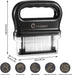 Black 48-blade meat tenderizer measuring 15 cm high, 16 cm wide, and 3 cm deep, with ergonomic handle, dishwasher-safe design, and easy-use features.