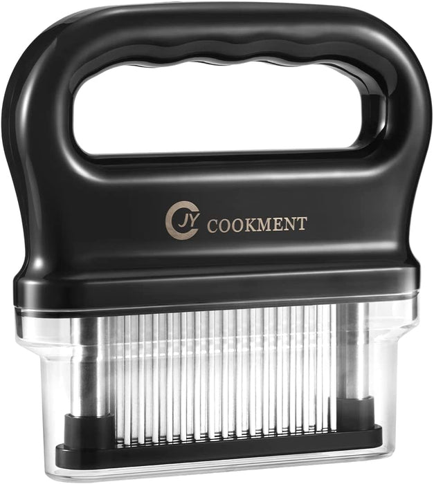 Black 48-blade stainless steel meat tenderizer with ergonomic handle and clear protective cover on a white background.