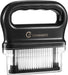 Black 48-blade stainless steel meat tenderizer with ergonomic handle and clear protective cover on a white background.