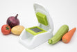 Götze FreshCut Food Dicer with white hinged press, green stainless steel cutting grid, and collection base displayed with tomato, onion, potato, zucchini, and carrot.