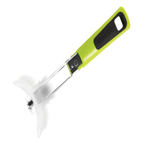 Götze Guarded Apple Corer with green and black ergonomic handle, stainless steel coring shaft, and clear protective safety guard on a white background.