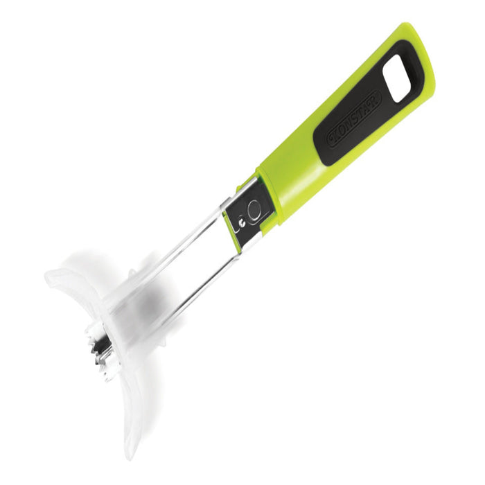 Götze Guarded Apple Corer with green and black ergonomic handle, stainless steel coring shaft, and clear protective safety guard on a white background.