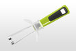Götze guarded apple corer with green and black ergonomic handle, dual stainless steel coring blades, and clear protective safety guard on a white background.
