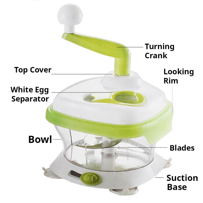 Götze manual food chopper labeled with turning crank, top cover, egg separator, locking rim, clear bowl, stainless steel blades, and suction base.