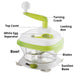 Götze manual food chopper labeled with turning crank, top cover, egg separator, locking rim, clear bowl, stainless steel blades, and suction base.