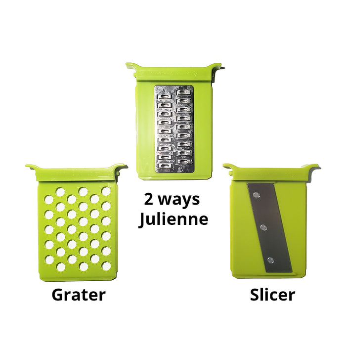 Götze manual food chopper attachments featuring a grater, two-way julienne blade, and slicer insert in green and stainless steel.