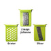 Götze manual food chopper attachments featuring a grater, two-way julienne blade, and slicer insert in green and stainless steel.