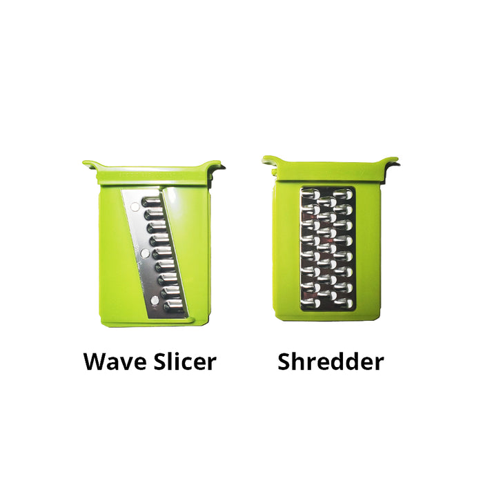 Götze manual food chopper attachments featuring a green wave slicer and stainless steel shredder insert for varied food preparation.