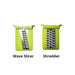 Götze manual food chopper attachments featuring a green wave slicer and stainless steel shredder insert for varied food preparation.