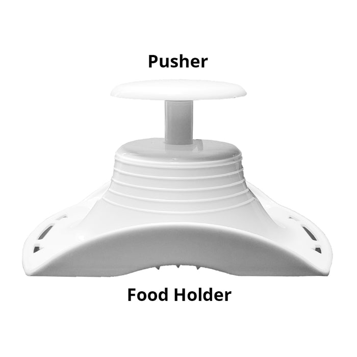 Götze manual food chopper accessory featuring a white pusher and food holder designed to keep ingredients secure during slicing and grating.