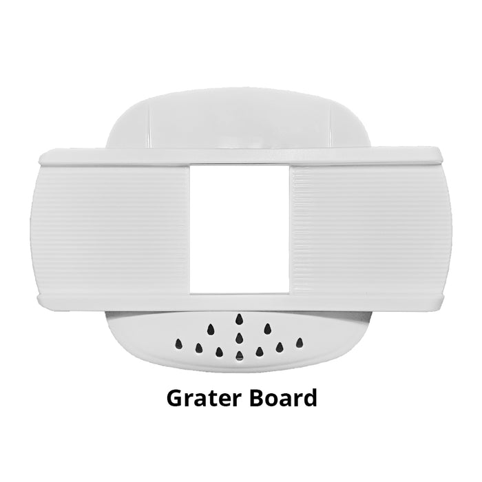 Götze manual food chopper grater board attachment with textured white surface and integrated grating section for preparing vegetables and other ingredients.