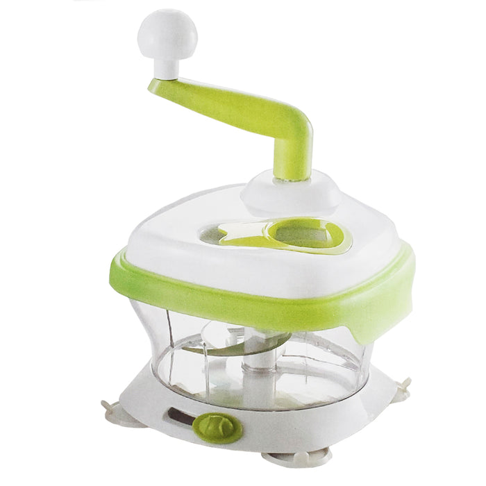 Götze manual food chopper with green and white hand crank, clear chopping bowl, stainless steel blades, and suction base on a white background.