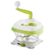 Götze manual food chopper with green and white hand crank, clear chopping bowl, stainless steel blades, and suction base on a white background.