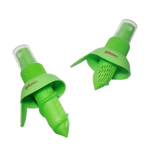 Götze green citrus spritzer set with two spray attachments designed to insert into lemons, limes, and other citrus fruits for fresh juice spraying.
