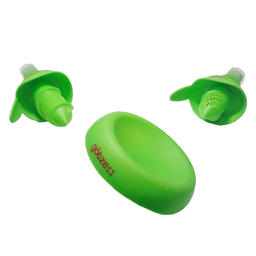 Götze green citrus spritzer set with two interchangeable spray attachments and a matching oval storage base on a white background.