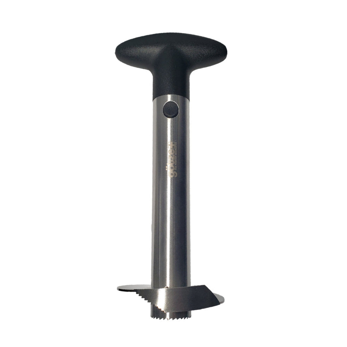 Götze stainless steel pineapple corer and slicer with black ergonomic T-handle and serrated circular cutting blade on a white background.