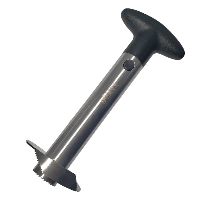 Götze stainless steel pineapple corer and slicer with black ergonomic T-handle, release button, serrated coring edge, and spiral slicing blade on a white background.