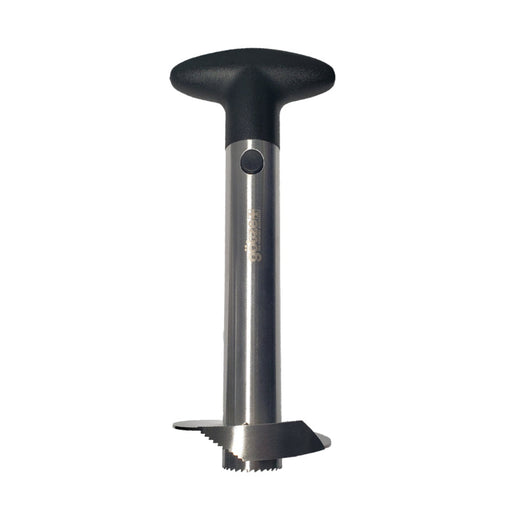 Götze stainless steel pineapple corer and slicer with black ergonomic T-handle and serrated circular cutting blade on a white background.