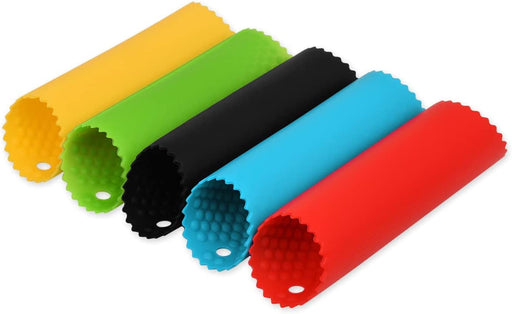 Set of five silicone garlic peeler tubes in yellow, green, black, blue, and red with textured interiors for quickly removing garlic skins.