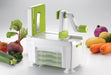 Götze Premium Vegetable Spiralizer with hand crank, slicing blade, interchangeable grater attachments, and built-in storage displayed with fresh vegetables.