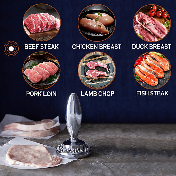 Götze Reversible Dual-Sided Meat Tenderizer & Pounder suitable for beef steak, chicken breast, duck breast, pork loin, lamb chops, and fish steak.