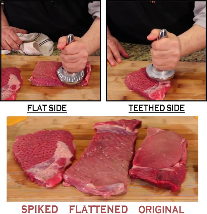 Götze Reversible Dual-Sided Meat Tenderizer & Pounder demonstrating the flat and toothed sides on raw beef, with spiked, flattened, and original meat results shown for comparison.