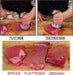 Götze Reversible Dual-Sided Meat Tenderizer & Pounder demonstrating the flat and toothed sides on raw beef, with spiked, flattened, and original meat results shown for comparison.