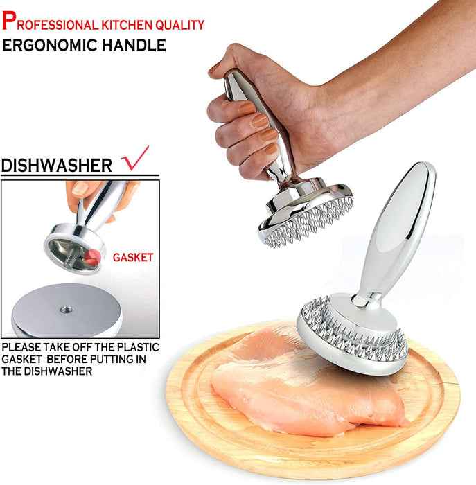 Götze Reversible Dual-Sided Meat Tenderizer & Pounder with ergonomic handle and spiked tenderizing surface, shown on chicken with removable gasket for dishwasher cleaning.